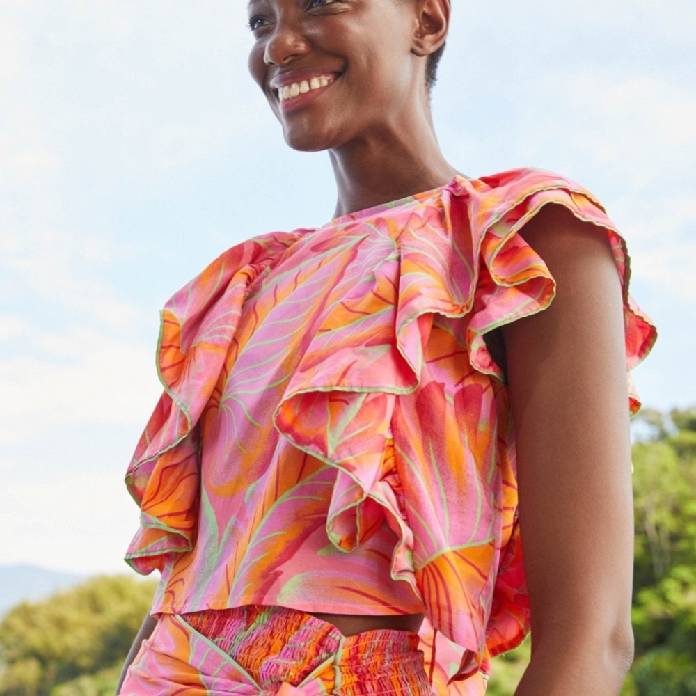 FARM Farm Rio Bright Forest Frilled Blouse Top Size XS